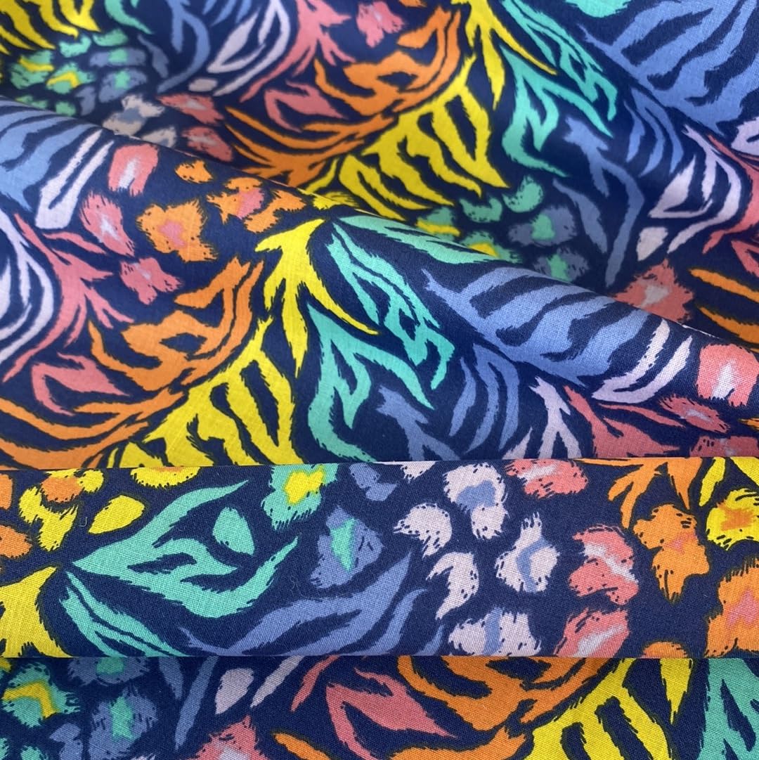 Kayes Textiles Navy Tropical Print Polycotton Fabric, 112Cm/44'' Wide, Multicoloured Animal Pattern - Select Colour (Navy)