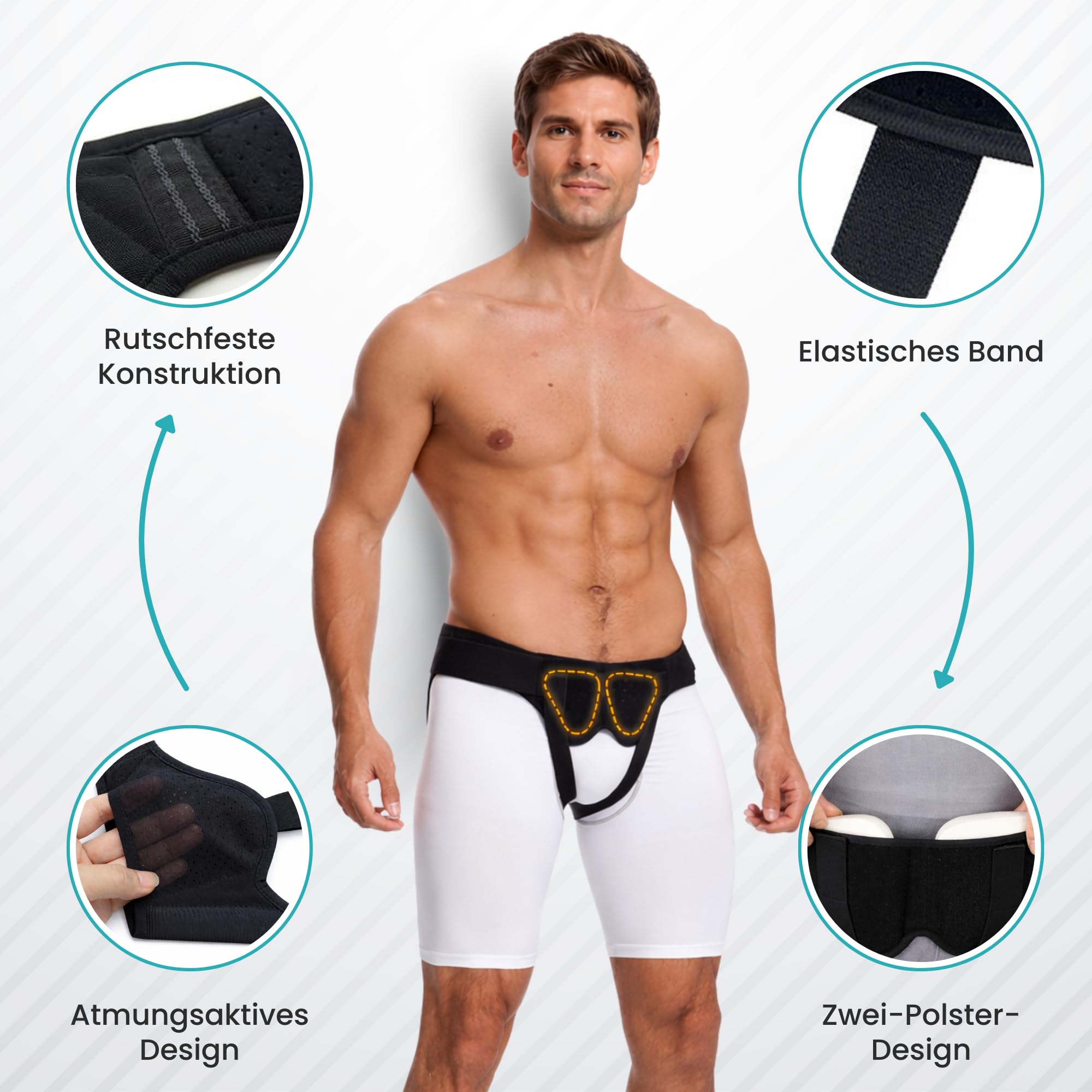 BeFit24 Leistenbruchgürtel für Männer mit 2 medizinischen Silikoneinlagen | Leistenbruch Herniengürtel Herren Bruchband komfortabel diskret elastisch PU-Polster Größe L verstellbar (90–105 cm)
