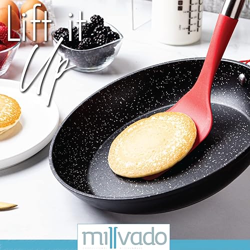 Vista 4 de Turner, mango fuerte de acero inoxidable con base de plástico resistente, volteador sólido rojo de 13.5 pulgadas para voltear panqueques, huevos