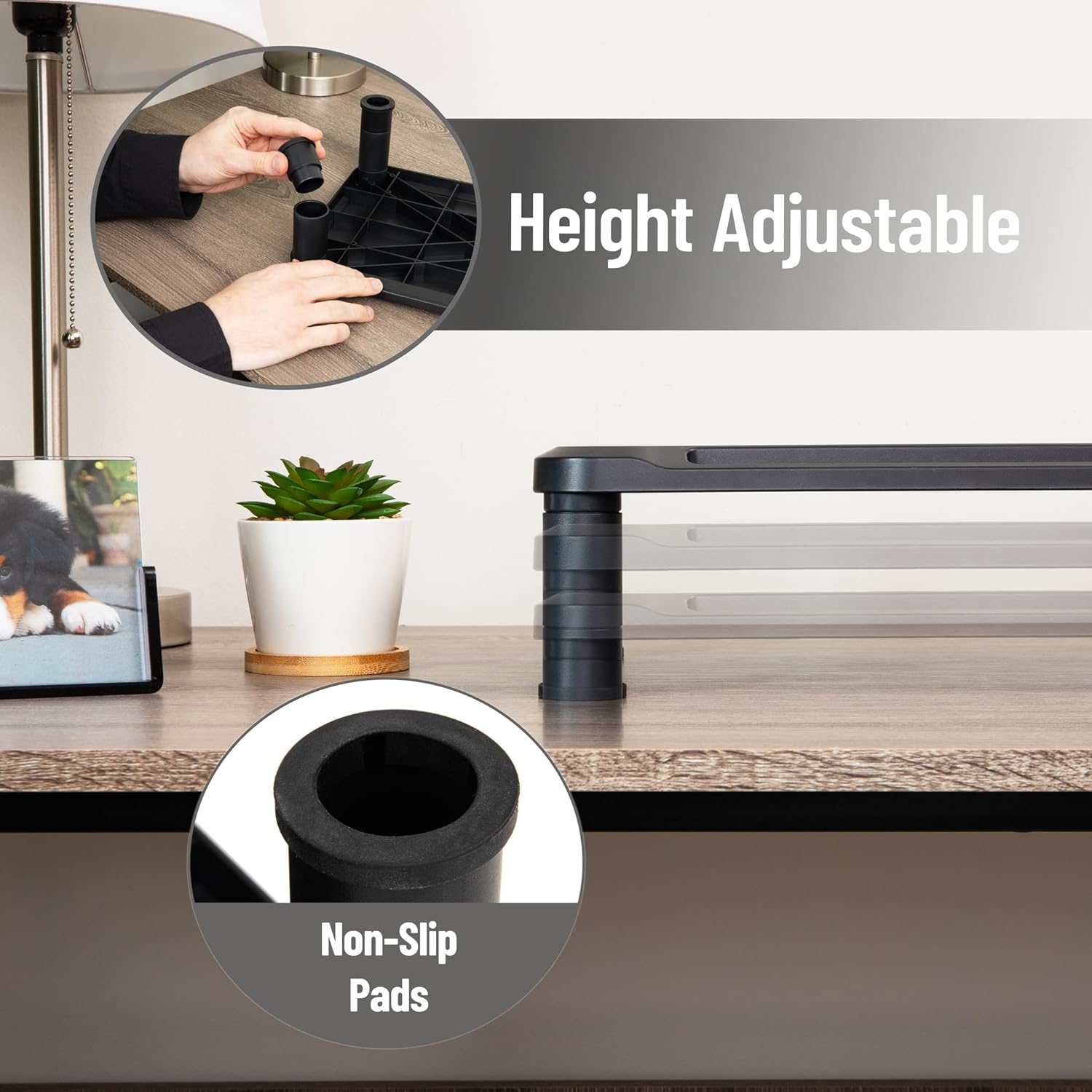 Mind Reader Monitor Stand, Height Adjustable, Laptop, Computer, Riser, Office, 15"L x 9.5"W x 4.25"H, Set of 2, Black