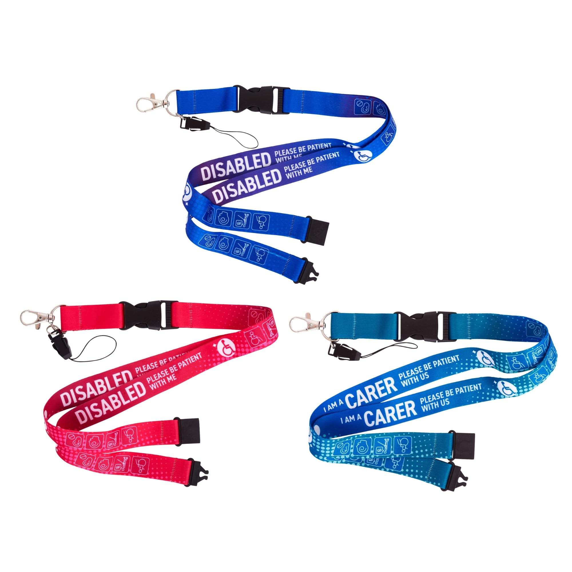 TruMed 3-Pack Accessibility Lanyards | Blue Carer Blue Disabled & Pink Disabled | NHS-Friendly Safety Breakaway ID Badge Straps | Inclusive & Visible for Healthcare & Public Spaces