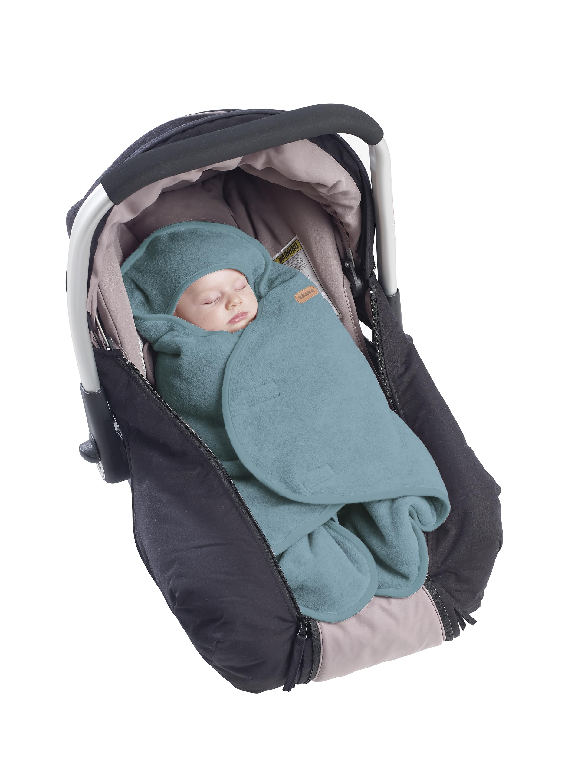BÉABA, Babynomade Doble Forro Polar, Manta envolvente de invierno para bebé, compatible con silla de coche/Pram/Sat, suave, cálida, repelente al agua, transpirable,Paso de arnés,Azul/Blanco,0-6 Meses