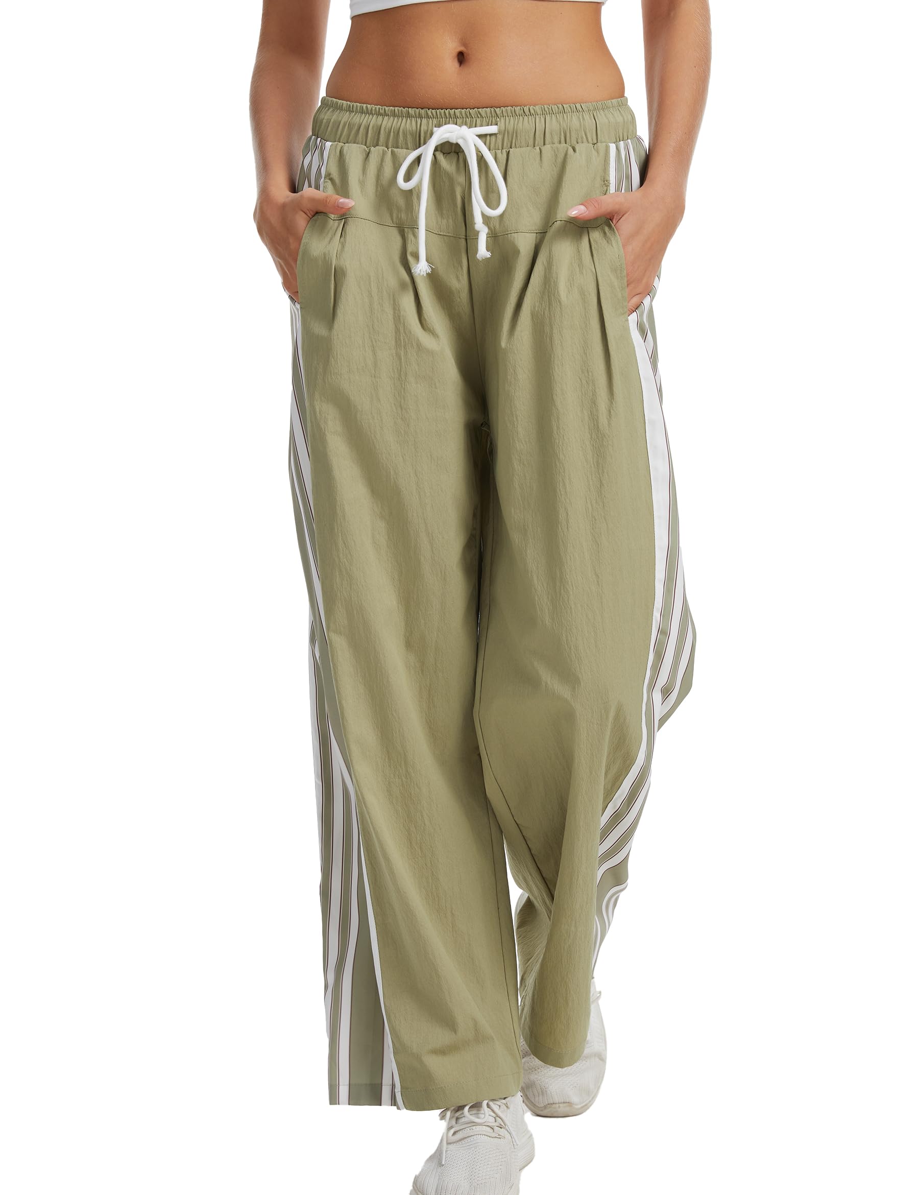 Side Striped Pant Cotton Pants for Women Casual Y2K Palazzo Wide Leg Track Pants Drawstring