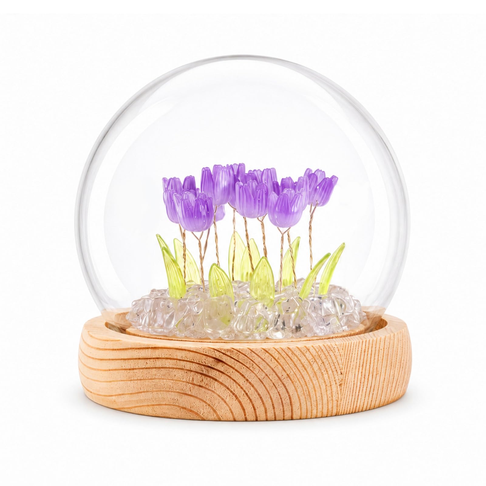 BREEZENEST Tulip Night Light 10 Flowers with Wood Grain Base & Glass Dome Fairy Lights for Bedroom Living Room Decor Cute Romantic Gifts for Birthday Mother's Day Christmas Purple