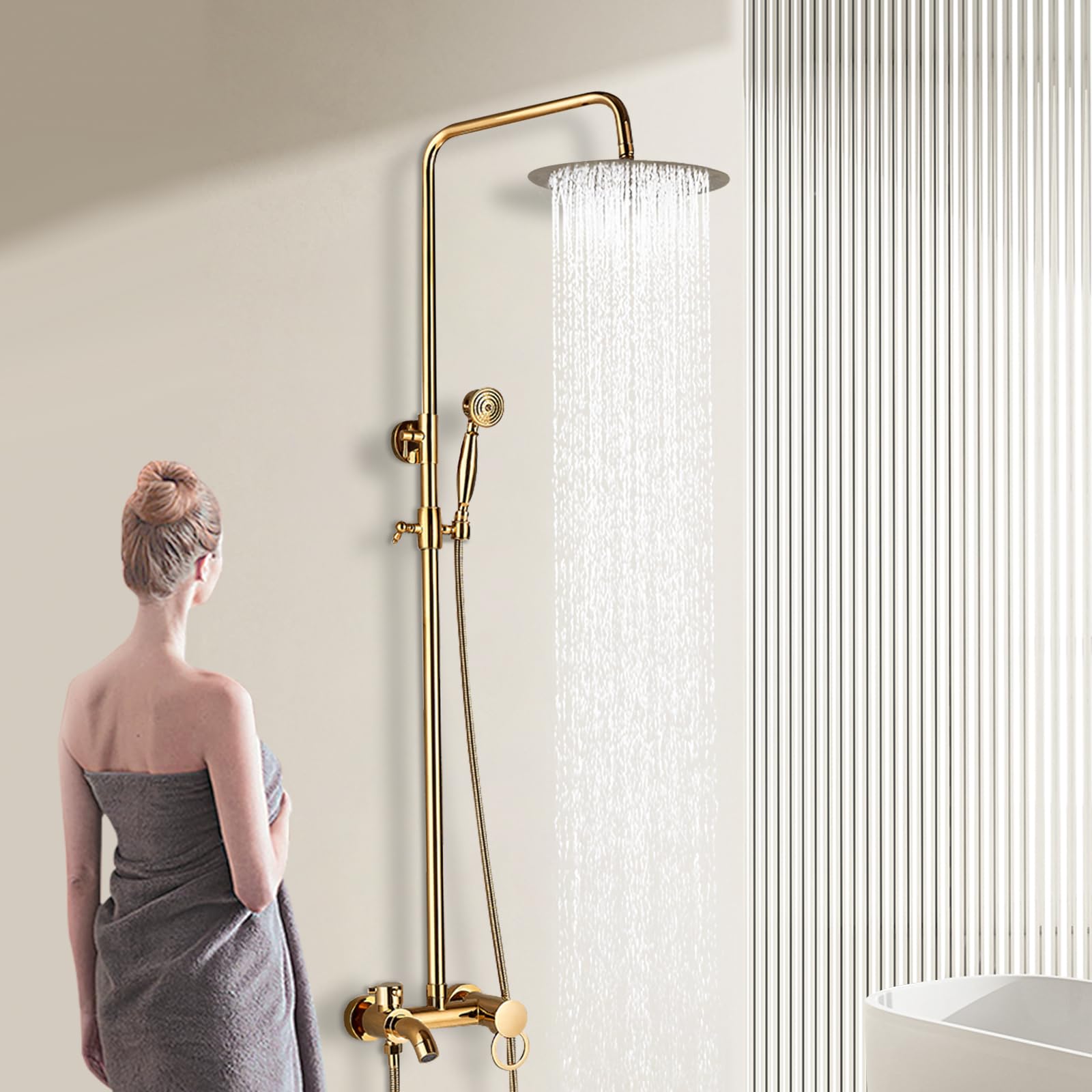 Duschsystem, 20cm Duschzubehör Duschset Handbrause aus Edelstahl Kopfbrause Wandmontage höhenverstellbar Badarmatur golden