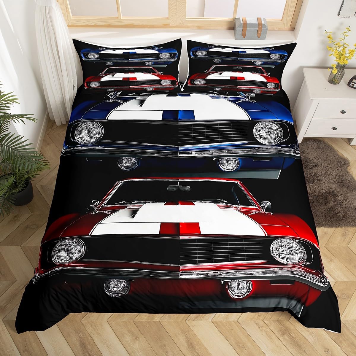 Classic Car Comforter Cover Race Car Duvet Cover Set Retro Old Vehicles Bedding Sets For Kids Boys Racing Automobile Bedspreads Cover Car Games Theme Bedroom Decor With 2 Pillow Cases Full Size