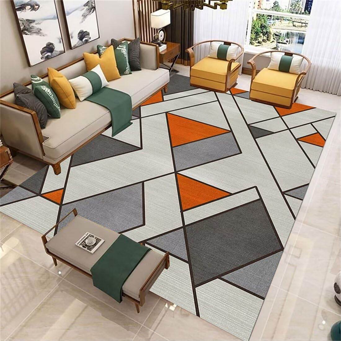 Tapis de chambre enfant orange et gris antidérapant pour deco salon