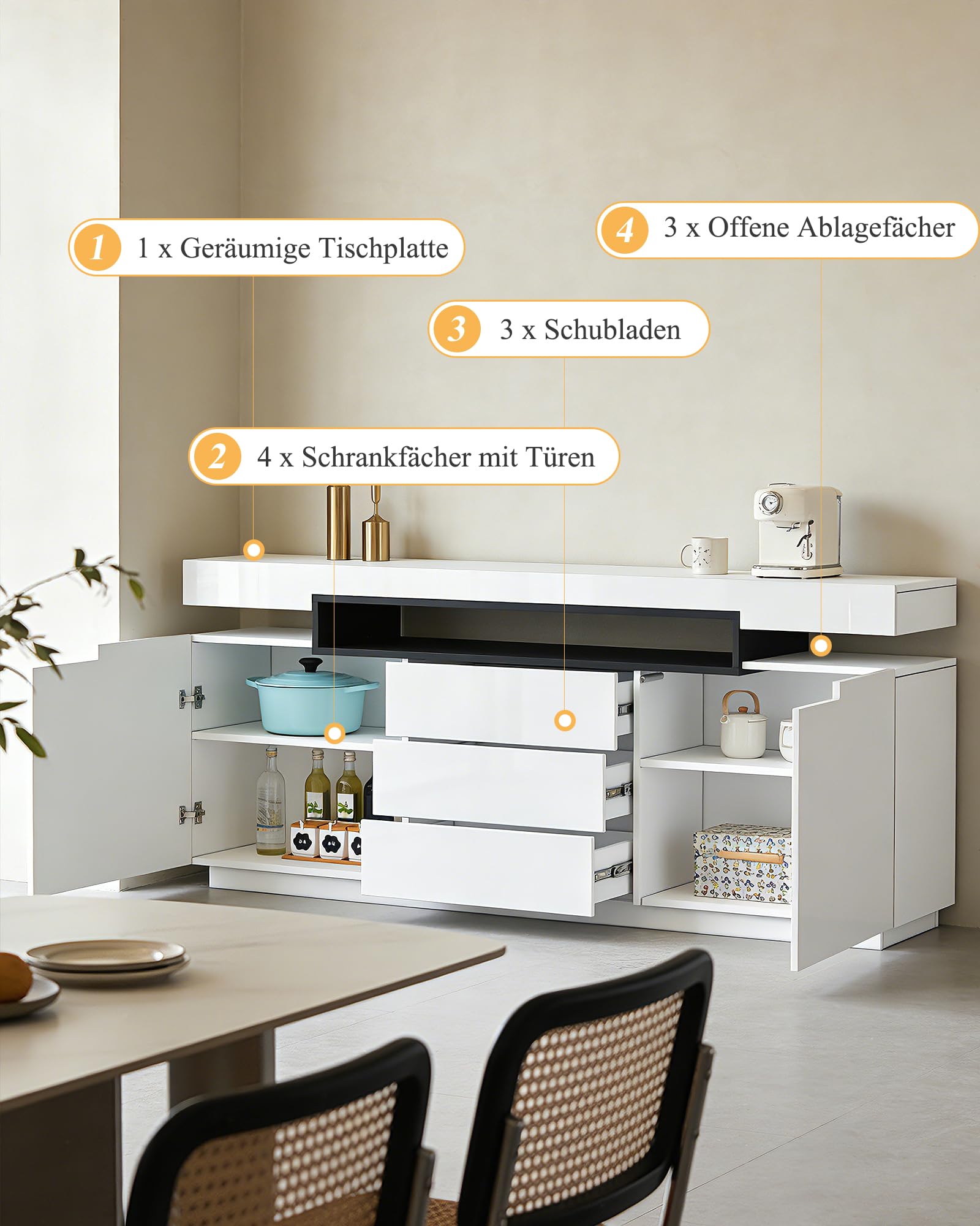Modernes Weiß Glanz Sideboard, LED Sideboard Aufbewahrungsschrank, 160 x 35 x 72 cm, Wohnzimmer, 2 Türen, 3 Schubladen, TV-Einheit