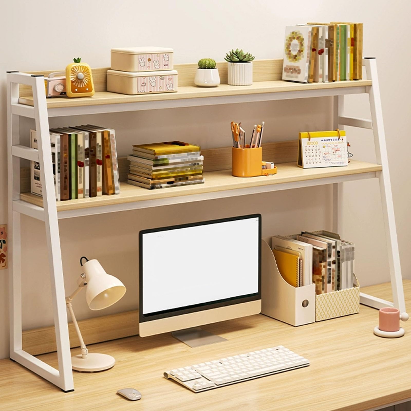 CWCQGH 2-Tier Over Desk for Dorm & Home Office, Multipurpose Desk Organizer, Countertop Display Rack, Stylish Storage Shelves for Efficient Workspace Solutions,White-55cm/21.7in