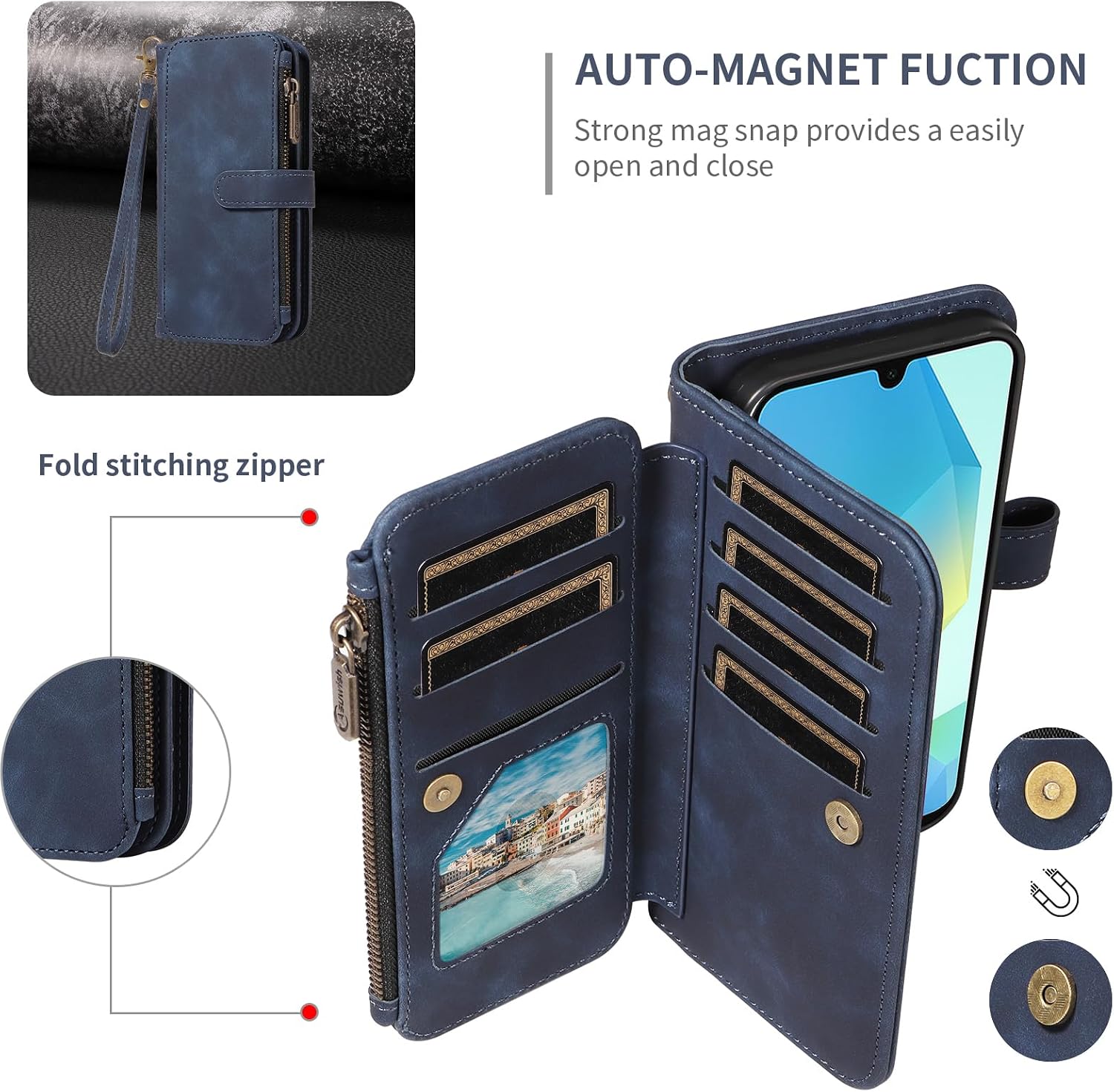 Asuwish Phone Case for Samsung Galaxy A16 5G/4G Zipper Wallet Cell Cover with Tempered Glass Screen Protector Crossbody Wrist Strap Flip Credit Card Holder Purse Slot A 16 16A SM-A166U Women Men Blue