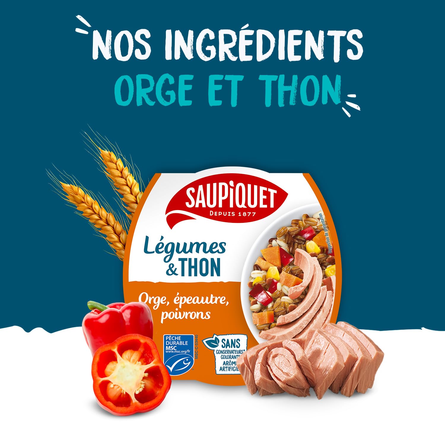 SAUPIQUET - Légumes & Thon - Orge, Epeautre, Poivrons - Salade Prête à Consommer - Température Ambiante - Idéal Pique-Nique - Poisson Issu Pêche Traçabilité Garantie - 9 Conserves (160 g)