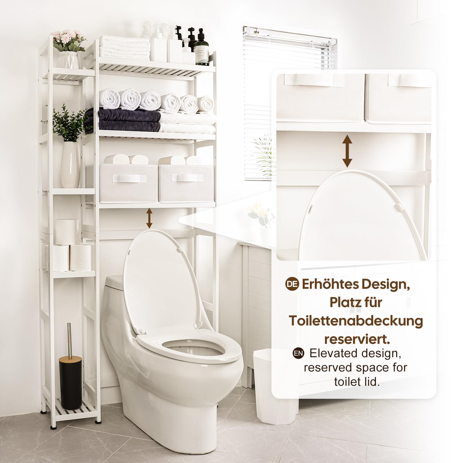 Yorbay Étagère WC en bambou : étagère de toilette à 3 étages et 2 paniers (blanc) | Réglable avec repose-pieds imperméable - Étagère de salle de bain multifonctionnelle - Peu encombrante - Montage facile