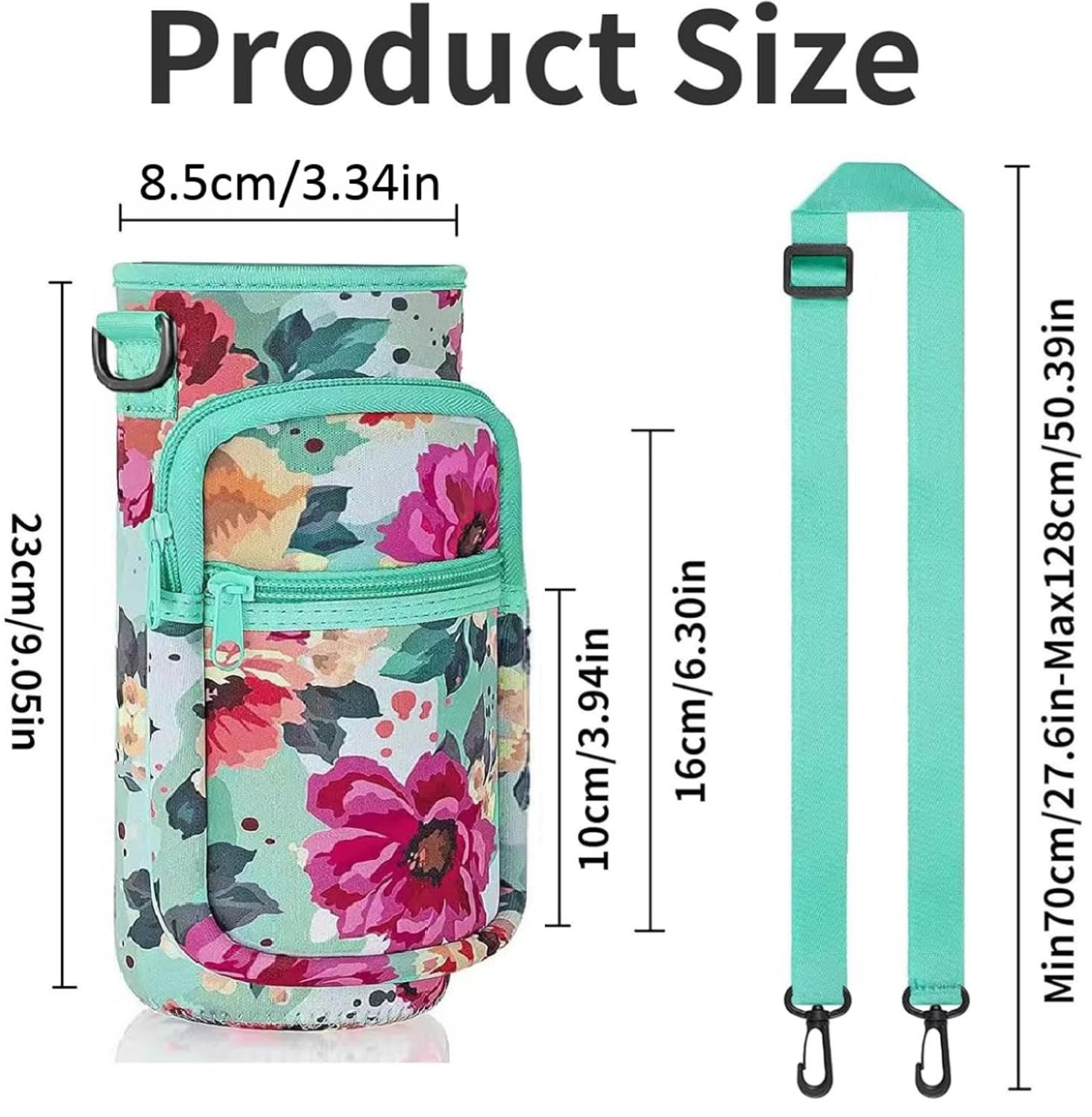 Wasserflaschenhalter mit Gurt, isolierte Wasserflaschen-Tragetasche mit Handyfach für Spaziergänge, Wandern, Camping, Angeln (8,9 cm B x 22,9 cm H) (Blumengrün)
