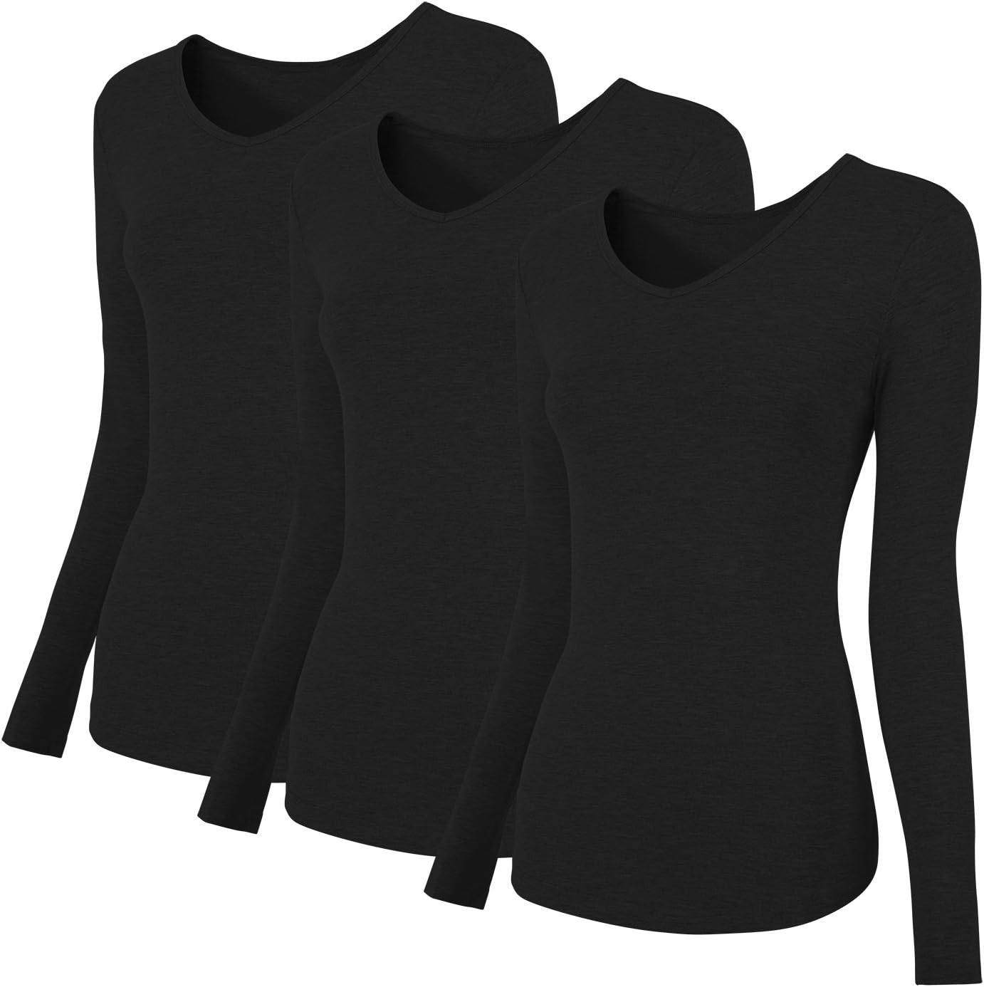 HENCY Womens Basic Tee Long Sleeve V Neck Athletic Fitted Plain T-Shirt Loose Solid Comfy Blouse Top 3 Pack Black