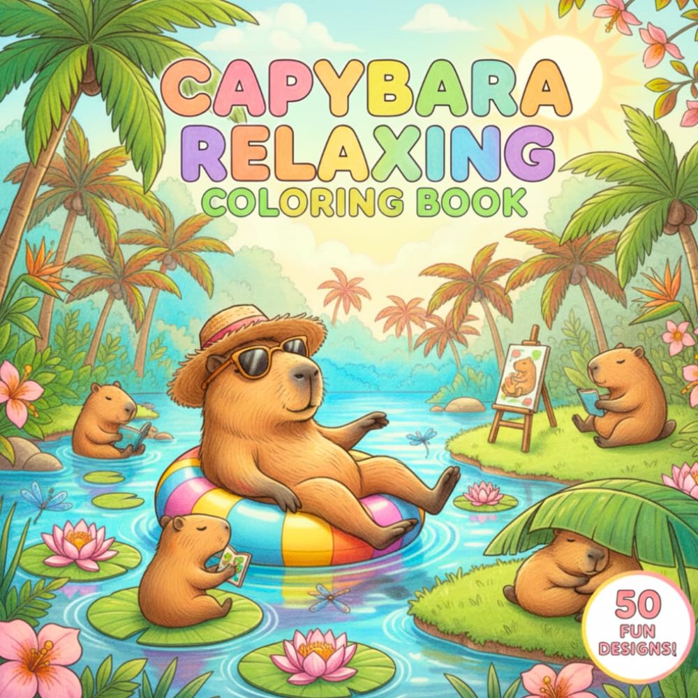 Capybara Relaxing Coloring Book: 50 Fun Designs Featuring the World's Chillest Mammal – Big, Easy Tropical Scenes to Calm the Mind and Relieve Stress