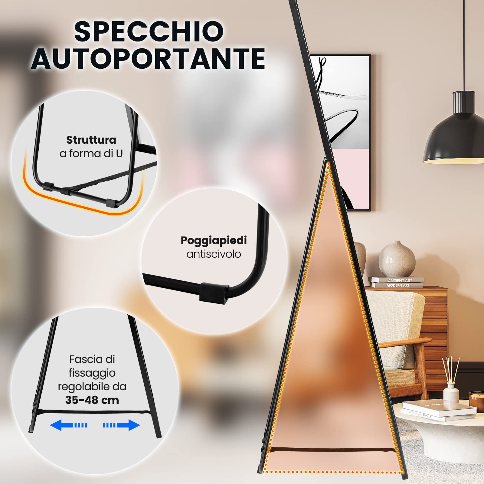 COSTWAY Specchio da Parete Lungo, Specchio da Terra Appendere con Cornice in Lega di Alluminio e Ganci, Per Camera da Letto e Soggiorno, 160 x 40 cm (Nero)