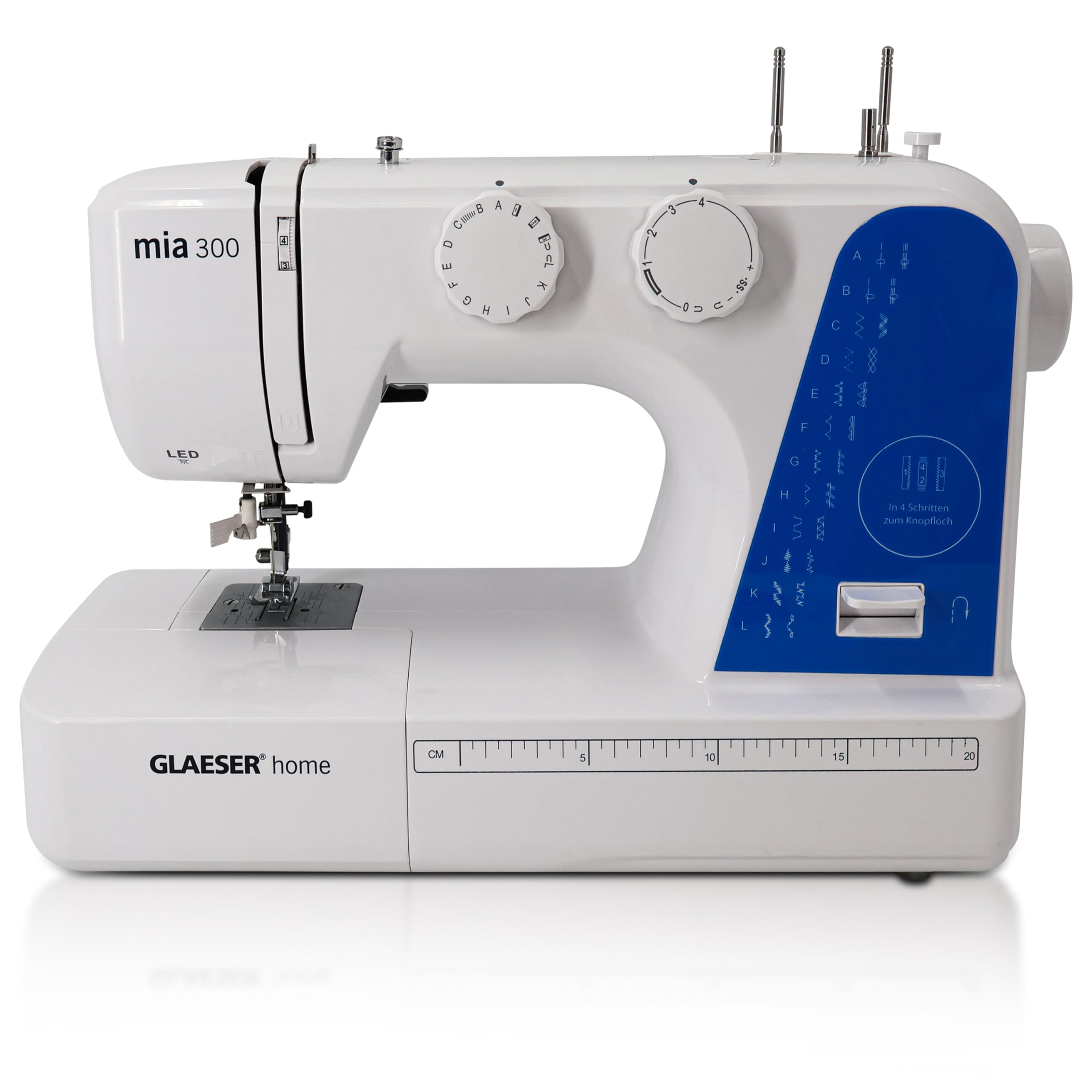 Macchina da cucire Easy GLAESER® Home Mia 300 | Macchina da cucire per principianti | Infilatore automatico | 24 punti – Varianti | Facilissimo da usare bianco/blu