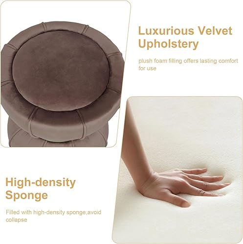 Miniatura 4 de Joveco Juego de 2 otomanas redondas de terciopelo para almacenamiento, reposapiés tapizado, mesa auxiliar con banda tejida para sala de estar y