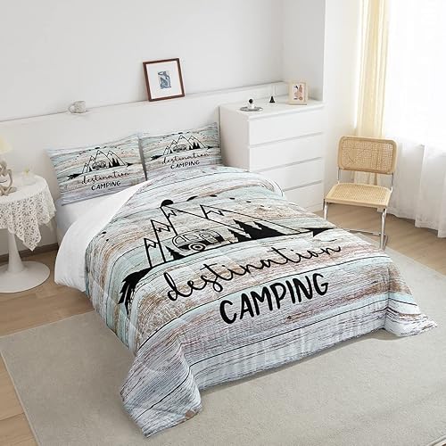 Miniatura 4 de Happy Camping - Juego de edredón tamaño Queen, juego de ropa de cama de madera vieja de 3 piezas para niños, adolescentes, niños, niñas, decoración