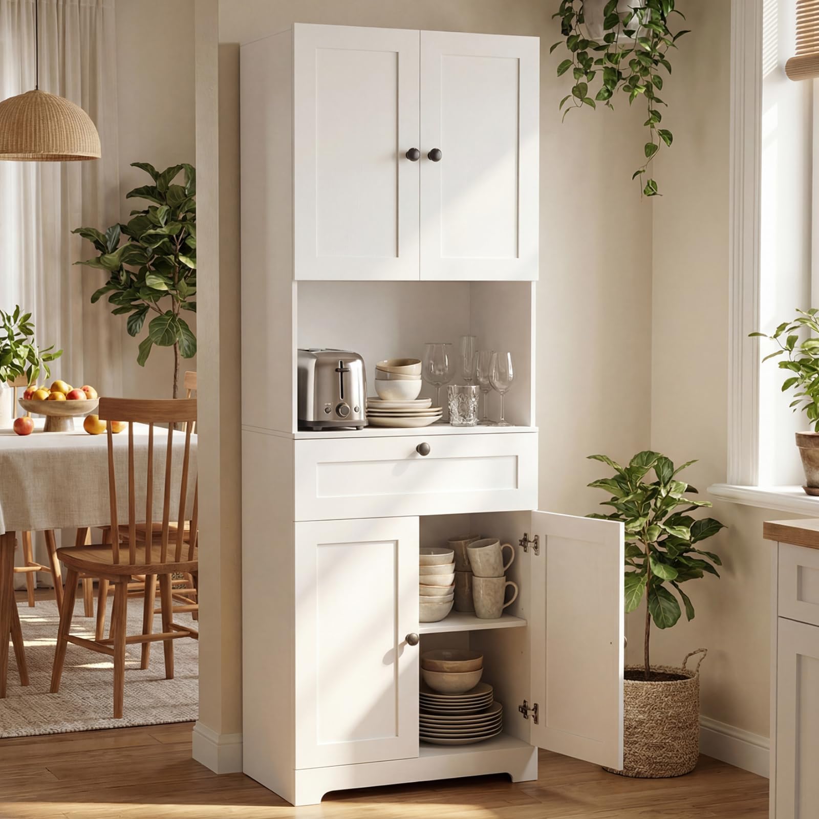 COSTWAY 171.5cm Tall Kitchen Cupboard, 4-Door Pantry Storage Cabinet with Adjustable Shelf, Drawer & Anti-tipping Device, Freestanding Sideboard Organizer Unit for Home Dining Room (White)