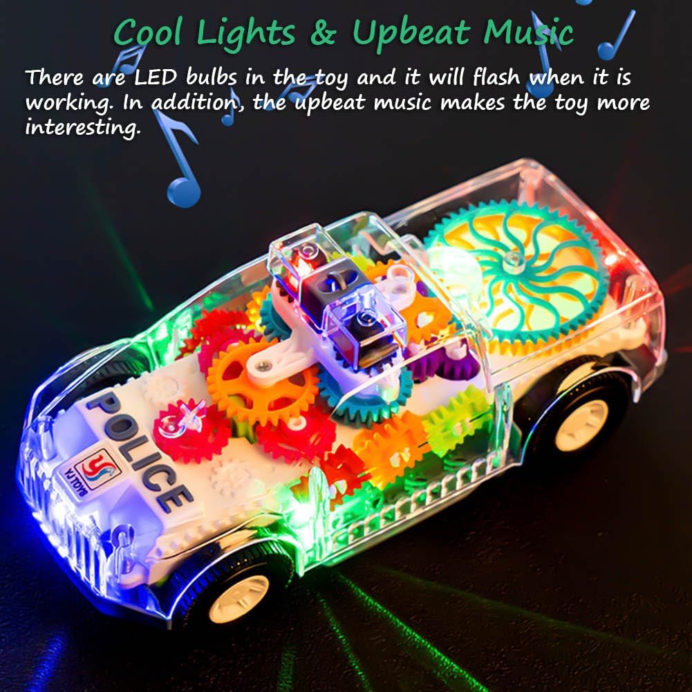 Miracland 3D Transparent Gear Police Car Toy for Kids, Light-Up Musical Toddler Patrol Wagon, See-Inside Working Car Toy for Boys and Girls