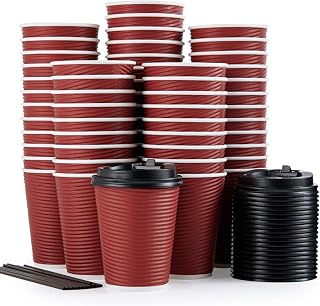 80 Pack Insulated Ripple Wall 12 oz Disposable Paper Cups, Three Layer Insulated Hot Paper Coffee Cups with Lid and Straws for Parties, Picnics, and Travel