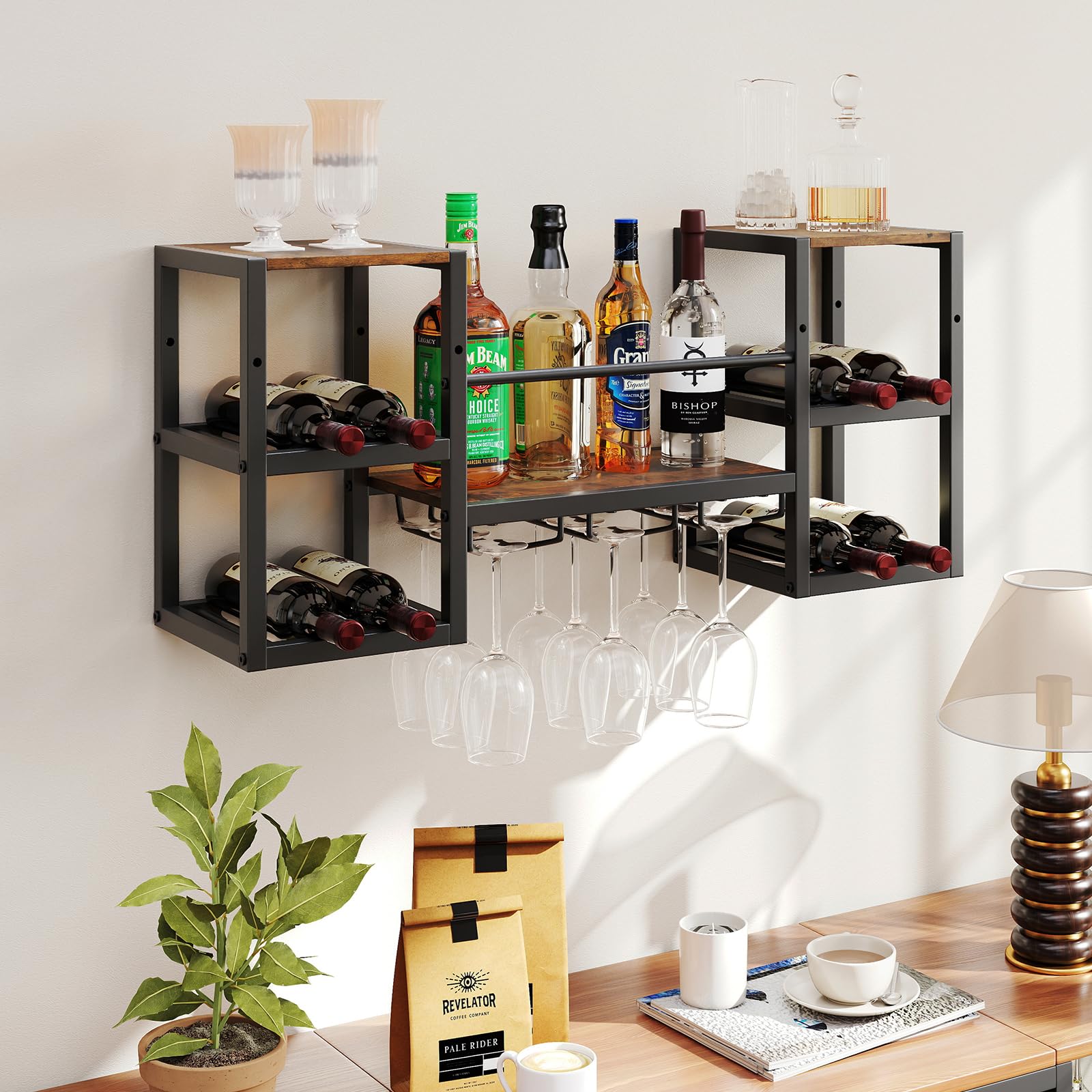 COSTWAY Portabottiglie da Parete con Porta Bicchieri, Struttura in Metallo per 8 Bottiglie con Ripiano Aperto, Scaffale da Muro a 3 Livelli per Sala da Pranzo e Cucina, 89 x 25 x 40 cm