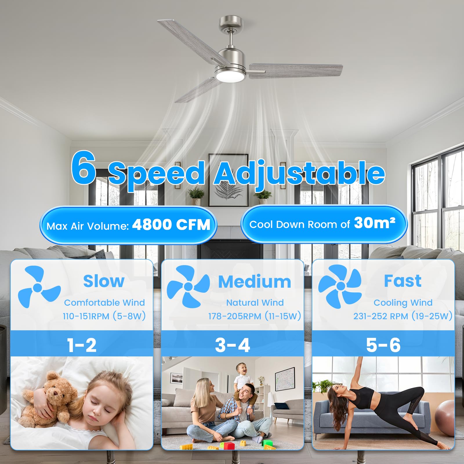 Newday 107cm Ventilatore da Soffitto Argento e Legno, Ventilatore da Soffitto con Luce e Telecomando Réversible, Pala Soffitto con Luce Dimmerabile per Soggiorno Camera da Letto Cucina Terrazza