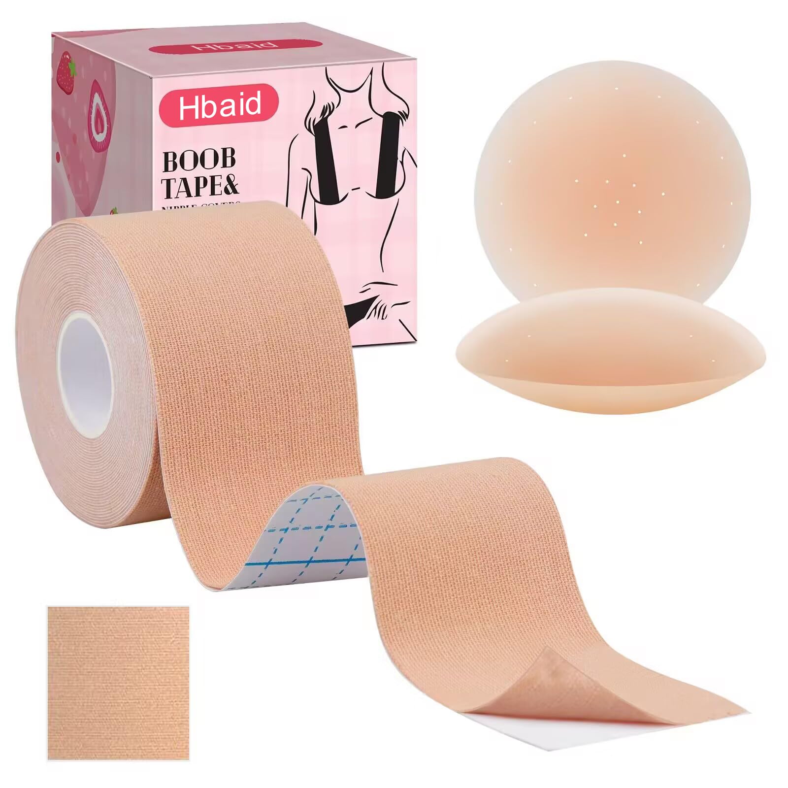 Hbaid Boob Tape Breast Tape Set, Adhesive Bra, Invisible Push Up for Large Breast (A-G Cups), 2 Reusable Silicone Breast Petals & Test Plasters, Ideal for Weddings, Parties & Backless Dresses