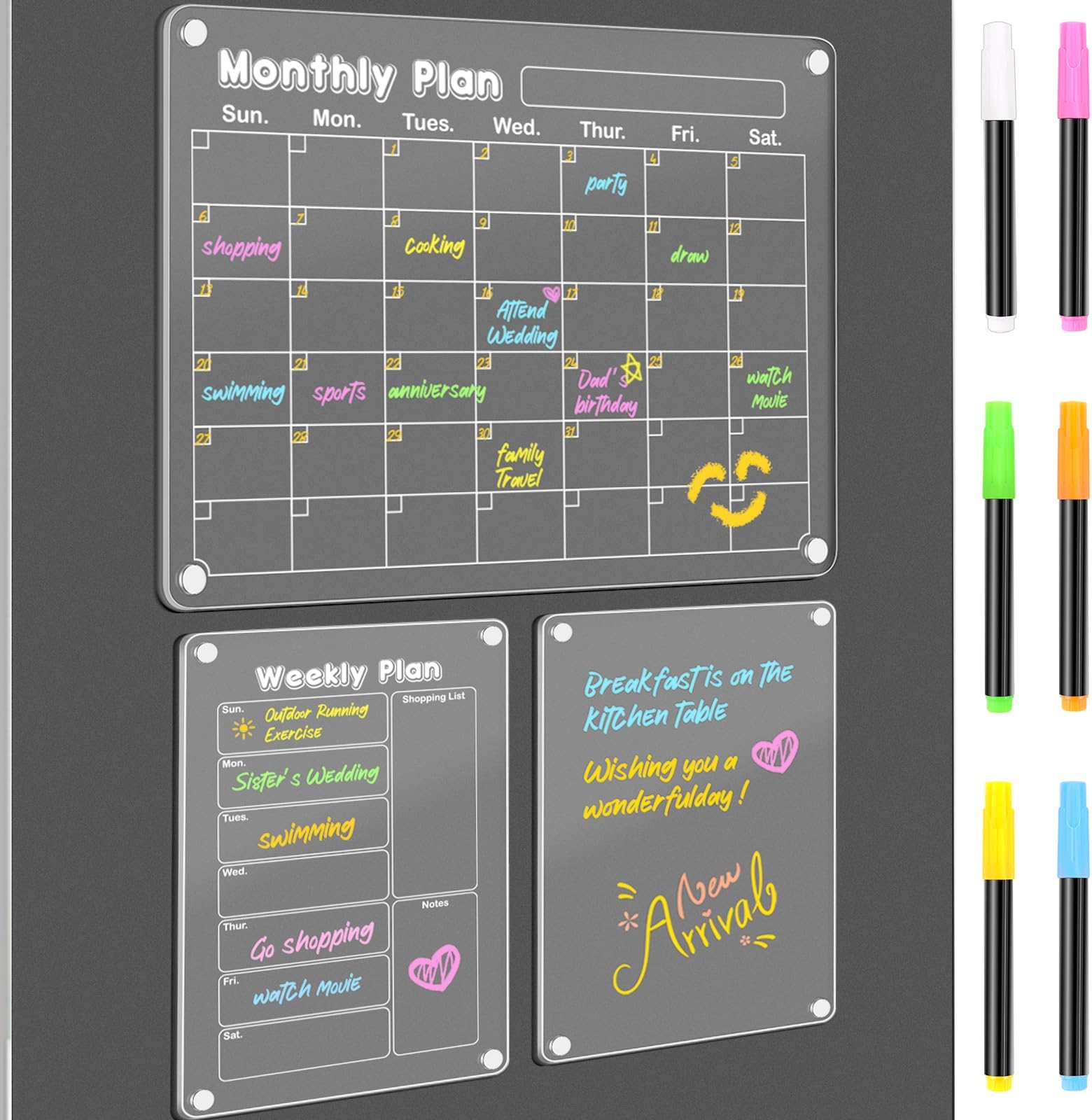 DIYMAG Planning Pads 3Pack Acrylic Magnetic Dry Erase board for Fridge,15"x11" Set Magnetics Weekly Monthly Memo Planner Board for Refrigerator with 6 Colors Markers