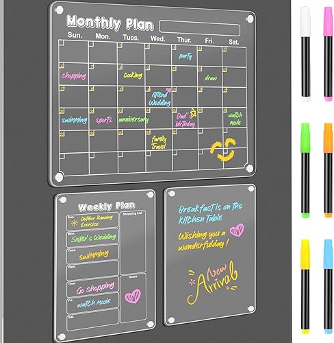 Miniatura 8 de DIYMAG Paquete de 3 blocs de planificación de acrílico magnético calendario de borrado en seco para refrigerador, juego de calendario transparente