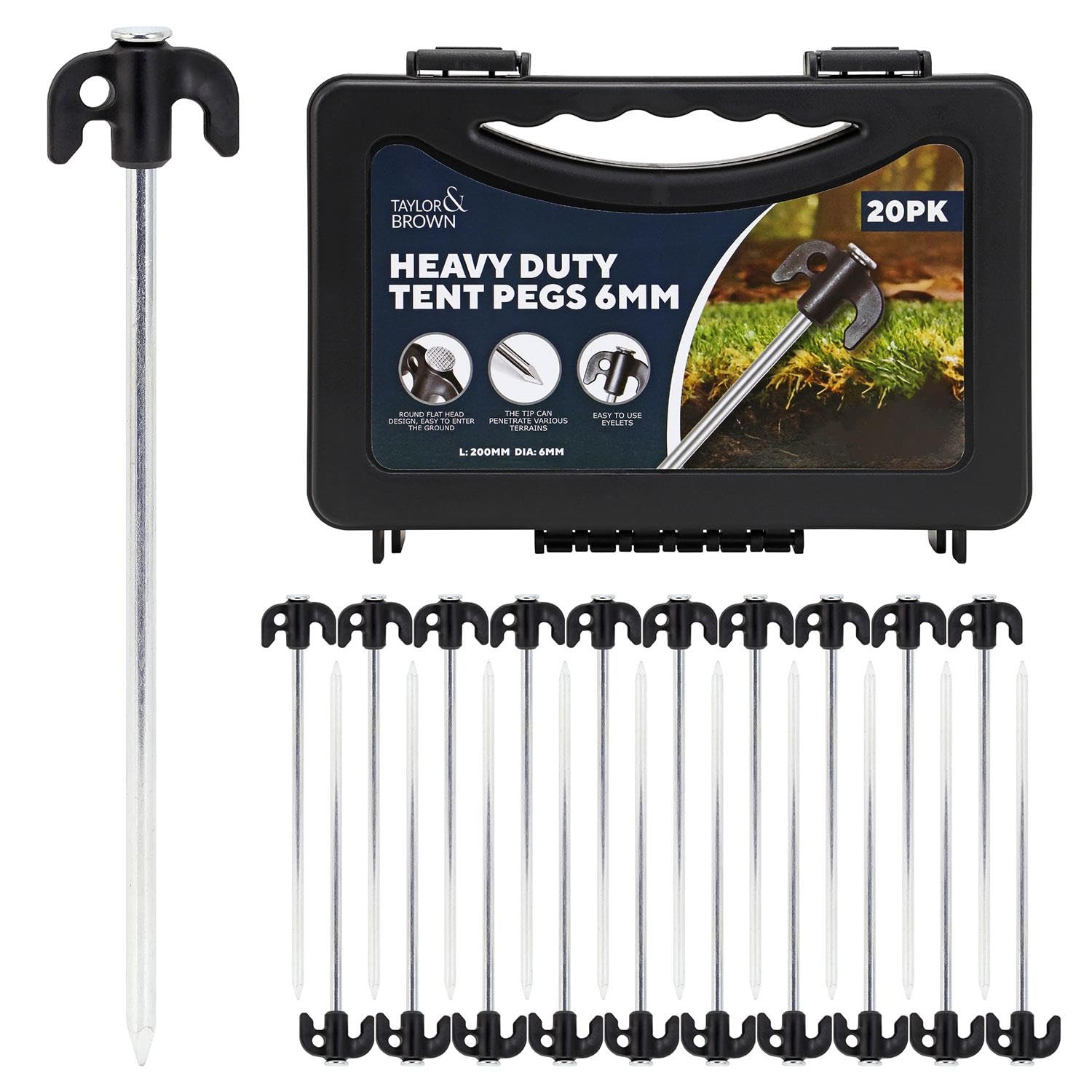 LIVHOME 20 Pack Heavy Duty Tent Pegs Galvanised Steel Ground Stakes, Rust Resistant Metal Camping Pegs with Storage Case, Strong Anchoring for Tents, Gazebos, Tarpaulins, Trampolines & Outdoor Use