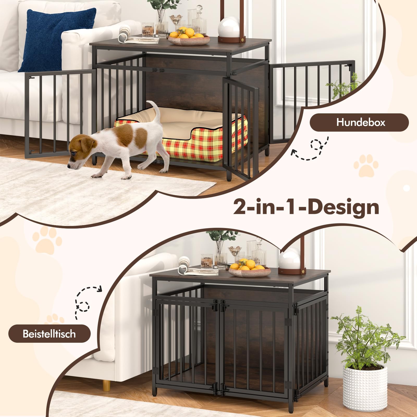 COSTWAY Hundekäfig Möbel, Hundebox für zuhause mit DREI Türen, Hundegitterbox Holz Indoor für kleine & mittelgroße Hunde, Beistelltisch aus Holz & Metall, 80 x 60 x 64 cm