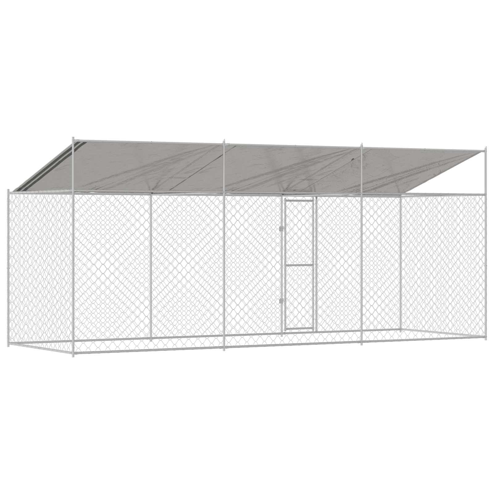 Klatka dla psa z dachem, srebrna, wykonana ze stali i PE 600 x 200 x 256 cm, przestronna karma dla psów z kratką drucianą, zamykane drzwi, stabilny metalowy kojec do ogrodu