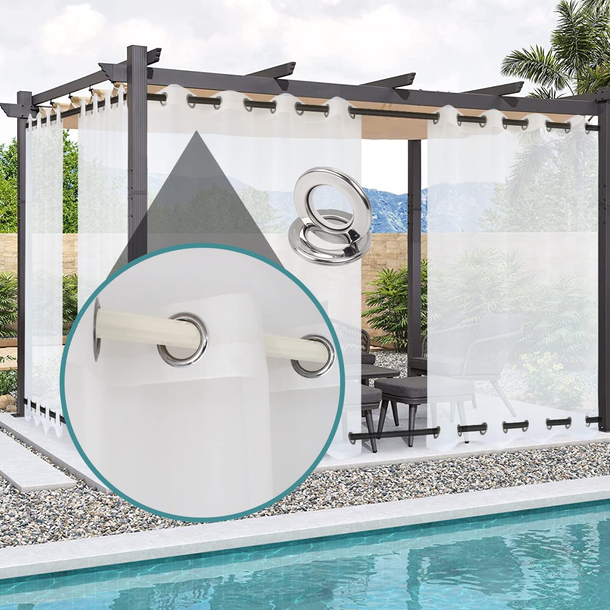 Voilage Blanc Rideaux, Rideau Occultant Isolant Thermiques pour Pergola 170x265(BxH) cm Cabanon Jardin Exterieur, Gazebo, Porche Terrasse Pavillon (2 Panneaux)