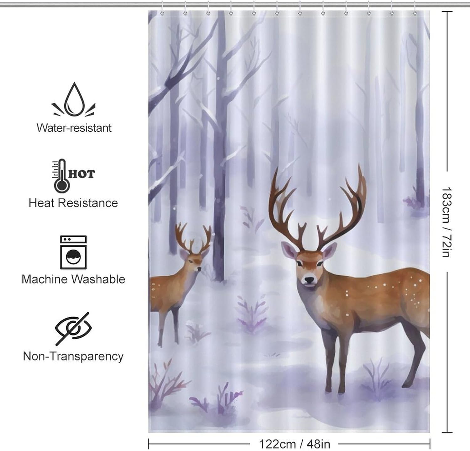 Deers Winter Forests Funny Shower Curtains Washable Bath Curtain Liner with Hooks for Bathroom Bath Tubs