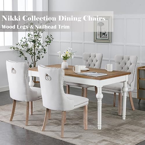 Miniatura 10 de Juego de 2 sillas de comedor tapizadas de tela de lino con borde trasero de tracción y patas de madera maciza, silla de cocina copetuda de lujo para