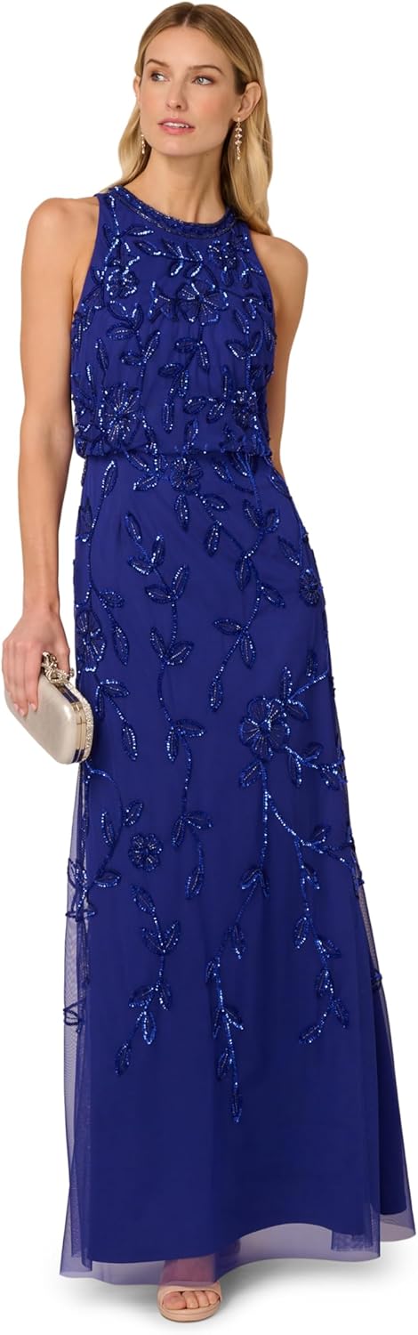 Adrianna Papell Women's Blouson Bead Long Dress, Dark Blue Violet, 16 - Image 4
