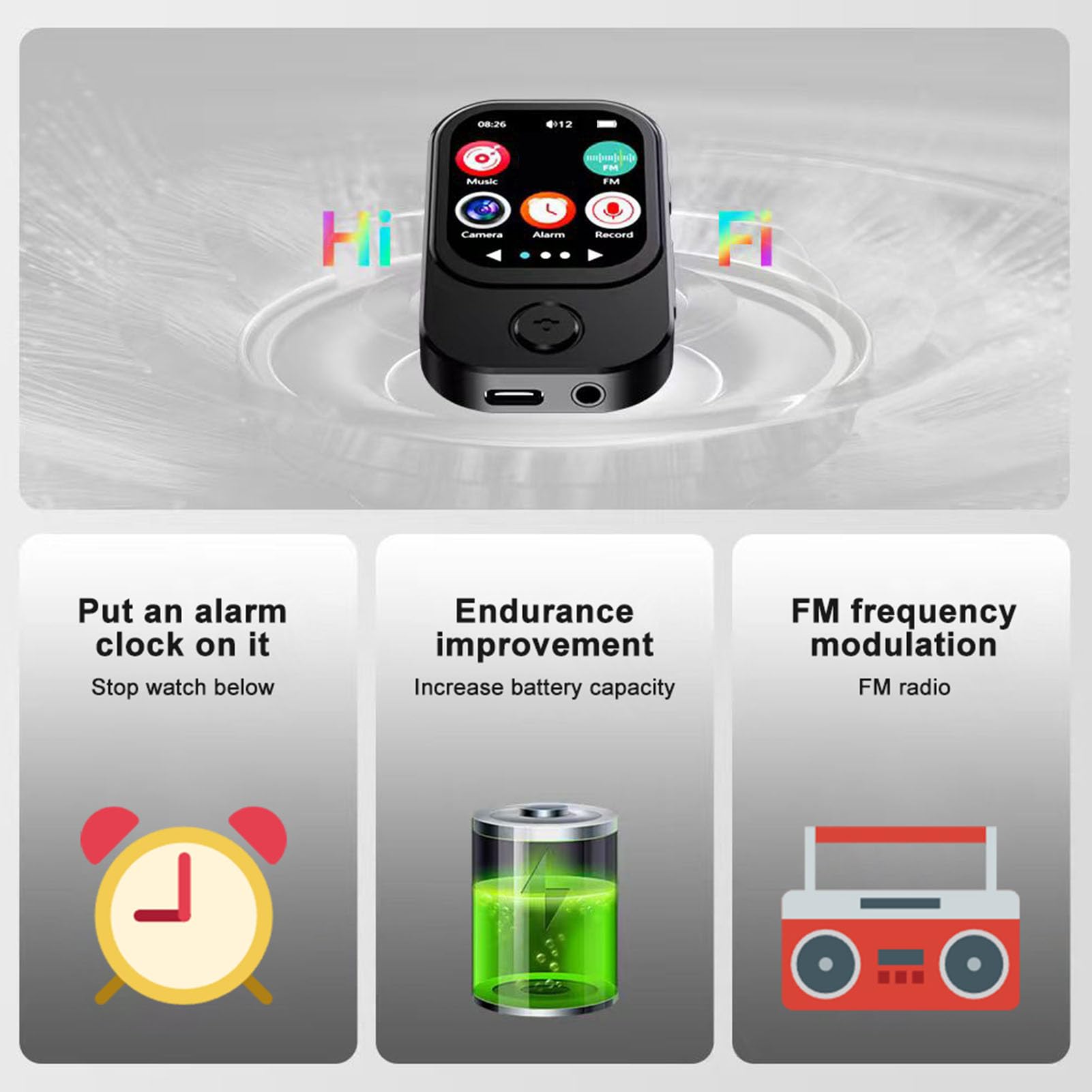 Generic Lettore MP3 Bluetooth 5.4 con Fotocamera Dispositivo Multimediale Compatto per Studenti Touch Screen da 2,01 Pollici (Con scheda di memoria 64G)
