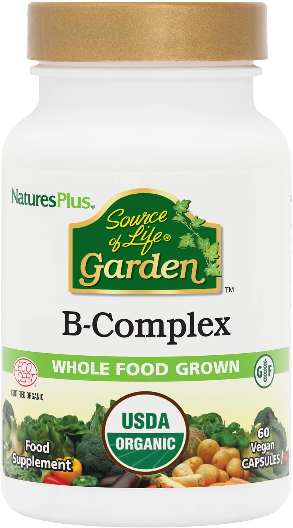 NaturesPlus Source of Life Garden Vegan Organic B Complex Supplement - Folate, Biotin, Methylcobalamin – Natural Plant-Based Vitamins - Energy, Immune, Skin, Metabolism – Gluten Free, 60 Capsules