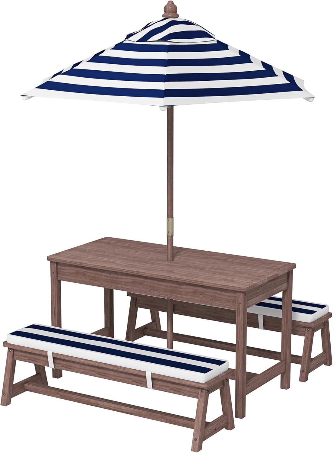 Kids Wooden Picnic Table, Built-in Seats - Golden Brown/Navy，Outdoor Activity & Dining Table w/Adjustable Collapsible Umbrella