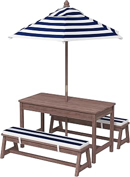 Kids Wooden Picnic Table, Built-in Seats - Golden Brown/Navy,Outdoor Activity & Dining Table w/Adjustable Collapsible Umbrella
