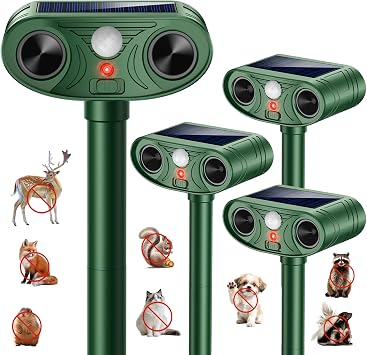 Upgraded Ultrasonic Solar Animal Repellent Outdoor, Deer Repellent Devices Squirrel Cat Raccoon Rabbit Dog Deterrent with Motion Sensor for Yard Garden Lawn