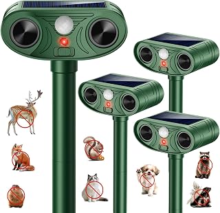 2026 New Upgrade Solar Powered Ultrasonic Animal Repellent Outdoor | Motion Activated Flash Light IP65 Waterproof Repeller Drives Away Deer Opossums for Yard Farm (4-Pack)