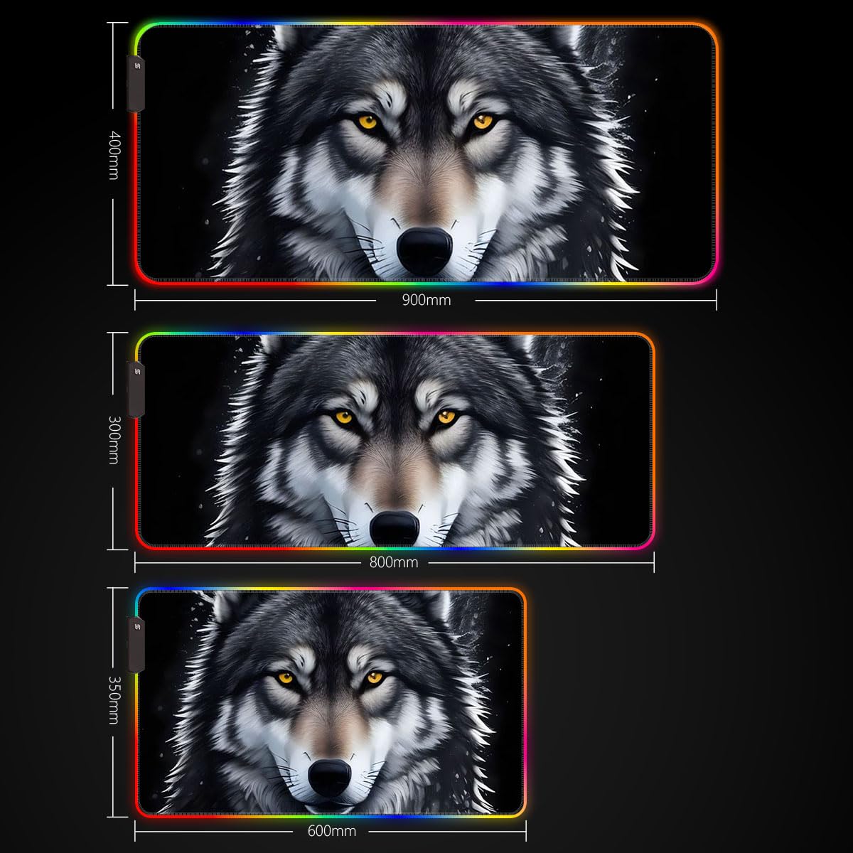 Grand Tapis Souris Jeu RGB 14 Modes LED Lumineuses Tapis Souris RGB étendu Base en Caoutchouc antidérapante et Surface imperméable Tapis Clavier Tapis Souris Portrait Loup Gris 40 x 90 cm