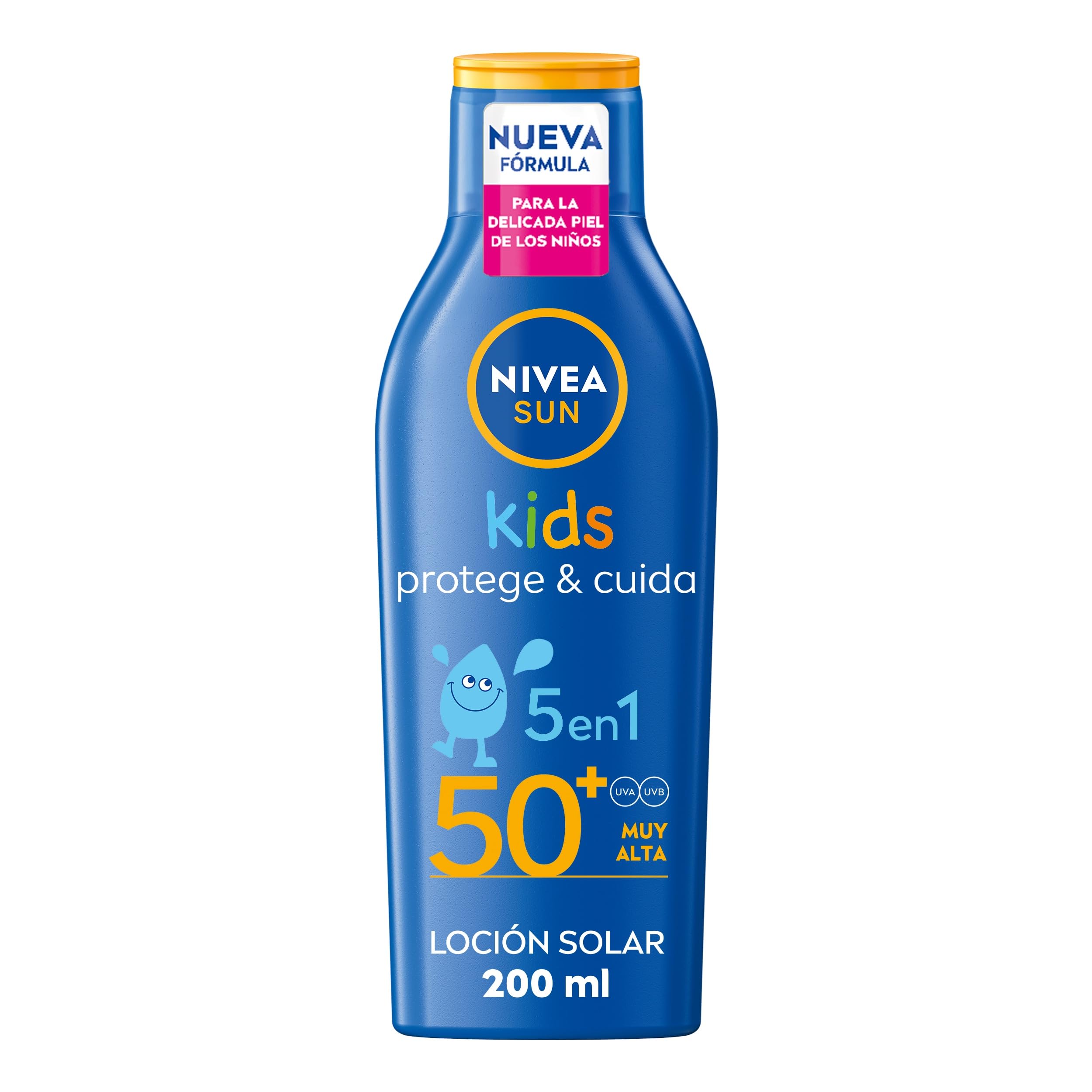 NIVEA SUN Kids Protege & Cuida 5 en 1 - Loción Solar con SPF50+ - Protector Solar Infantil Extra Resistente al Agua - Con Pantenol, Vitamina C y E - Aprobado por Pediatras - Todo Tipo de Piel - 200 ml