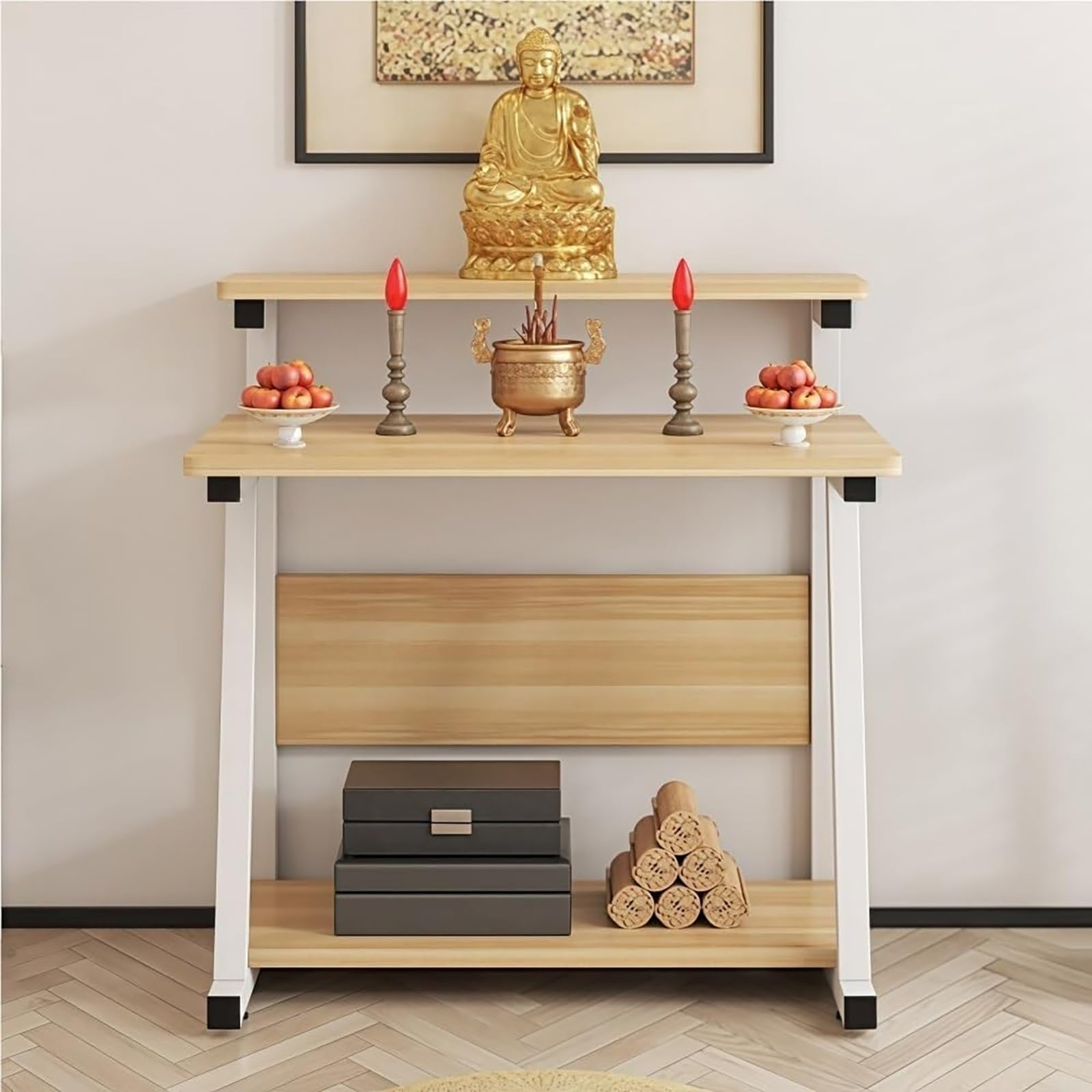 Table d'autel bouddhiste jaune dans un coin méditation maison