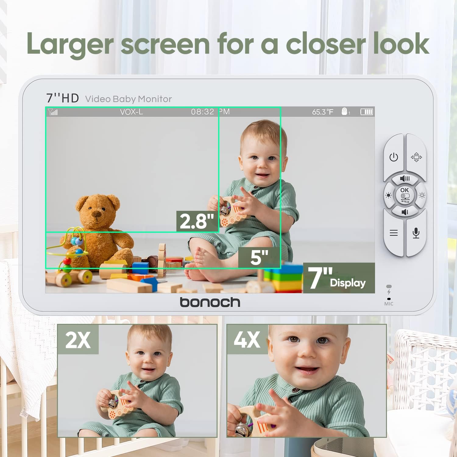 bonoch monitor showing a baby with text 'Larger screen for a closer look' and zoom levels 2X and 4X
