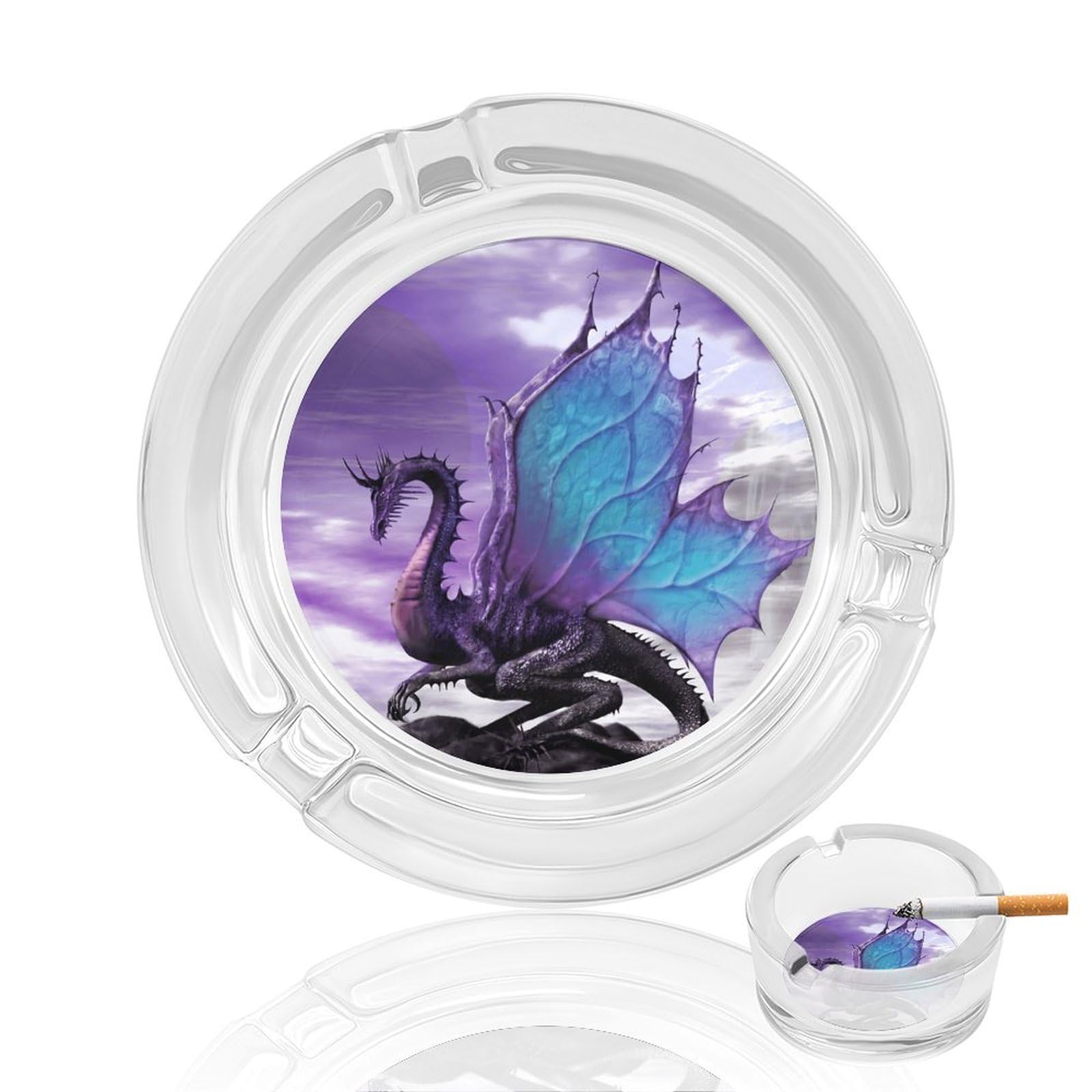 Fantasy Dragon Purple Ashtray Portable Round Glass Outdoor Ash Tray for Home Office Garden Pub