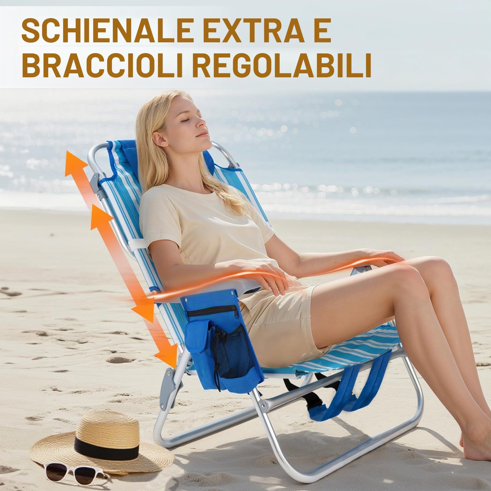 OVERMONT Sedia da Spiaggia Pieghevole Reclinabile - 6 Posizioni Reclinabili Piatte con Braccioli Ergonomici - Seduta Larga con Supporto Lombare - Portata 150 KG - Portatile per Spiaggia Piscina